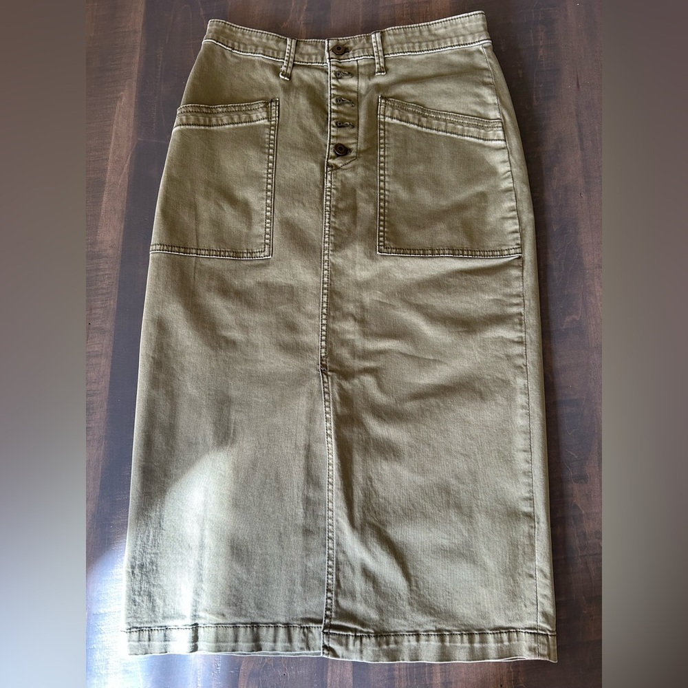 Anthropologie Olive Green Button-Front Midi Skirt